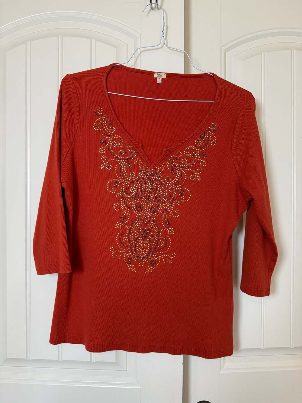 Reba Woman Burnt Orange Beaded Crochet 3/4 Sleeve Top 2XL